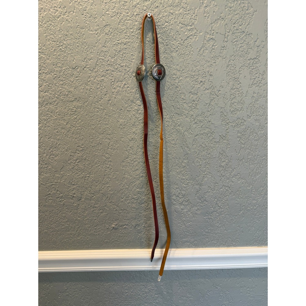 Vintage Southwestern Red Leather Tie Belt Silver Tone Stamped Concho Star 54"